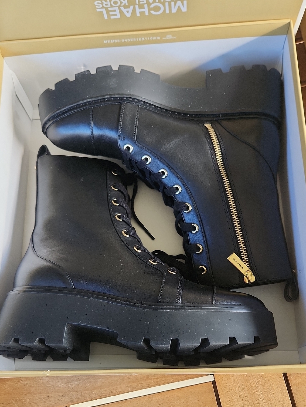 Michael Kors Black Leather Lug-Sole Combat Boots